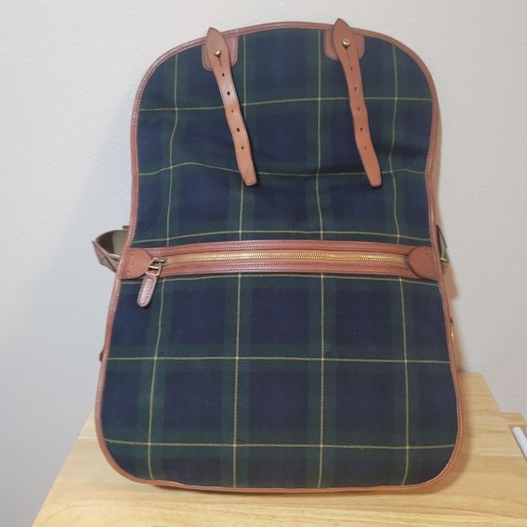 Polo Ralph Lauren Leather-Trim Canvas Messenger Bag Tartan Plaid Office Work Bag - Picture 4 of 7